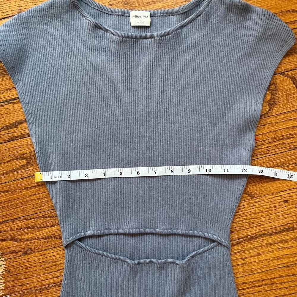 Wilfred Free Aritzia Slate Blue Ribbed Knit Cut Out Dress Small Mini Midi - Picture 3 of 7